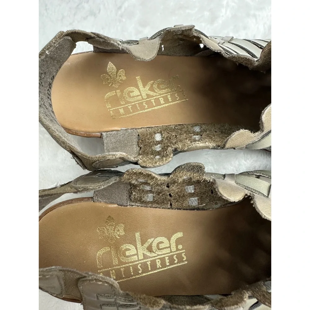 Rieker Sina Antistress Woven Leather Slingback Sandals‎ Taupe Block Heel 38 7.5